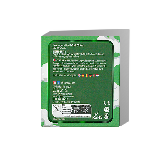 Boîte verte de cartouches CBD OG Kush 10%, lot de 2 recharges, sans nicotine