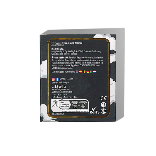 Boîte arrière de cartouches e-liquide CBD GREENEO Anmesai 10% avec informations