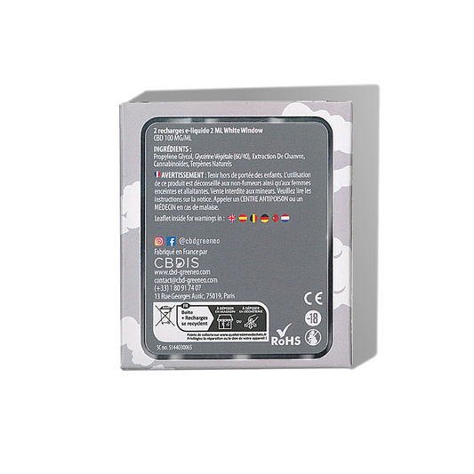 Boîte de recharges CBD White Window 10% (2 cartouches) GREENEO, dos avec infos produit