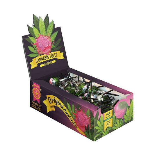 Boîte de sucettes cannabis bubblegum, plusieurs sucettes visibles