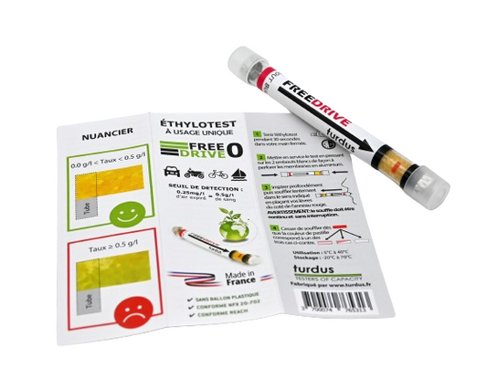 Éthylotest en tube blanc avec notice imprimée et boîtier coloré