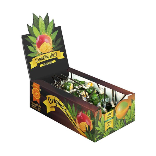 Boîte présentoir de sucettes cannabis mangue MULTITRANCE, illustration mangue et feuilles
