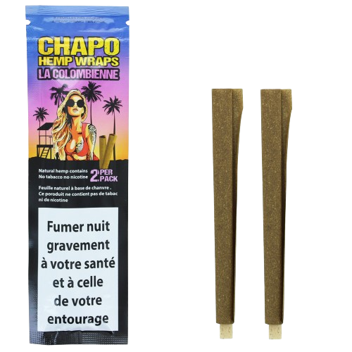 Rouleaux de chanvre CHAPO La Colombienne, étui et deux feuilles roulées.