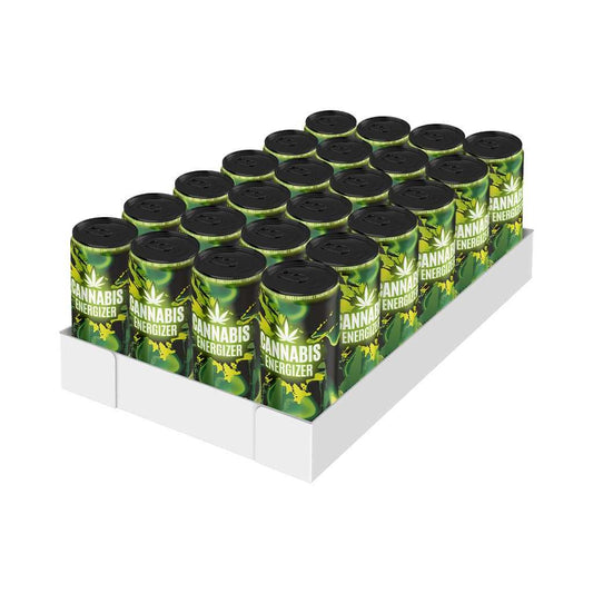 Pack de boissons énergisantes CBD en canettes vertes, présentoir de plusieurs unités