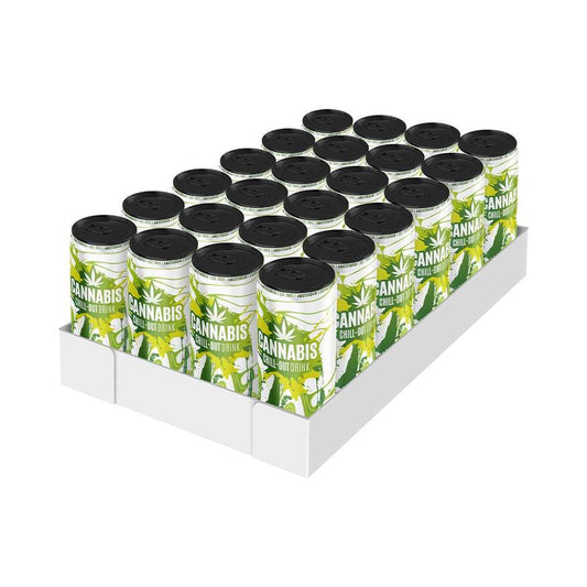 Pack de canettes de boisson CBD vert, couvercles noirs, étiquettes Cannabis