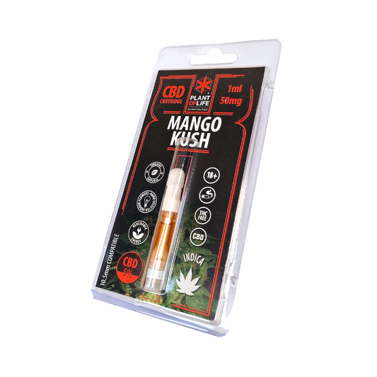Cartouche e-liquide CBD Mango Kush en blister transparent, 1 ml, 50 mg, sans nicotine.