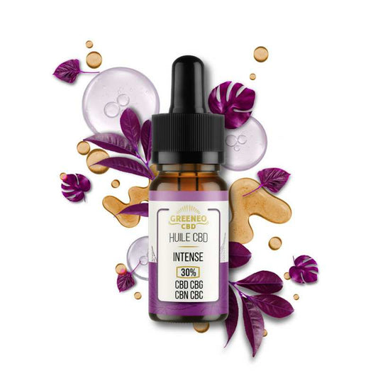 Huile CBD GREENEO 30% en flacon ambré avec compte-gouttes, étiquette Intense.