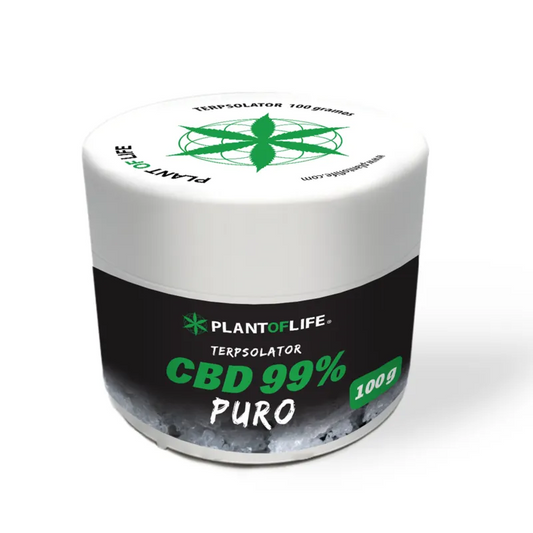 Pot CBD 99% Terpsolator PlantofLife, couvercle blanc, étiquette noire, 100 g