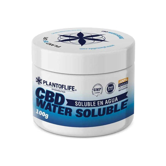 Boîte de CBD hydrosoluble PlantofLife, 20% et 100 g, pot blanc