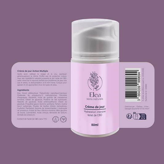 Crème de jour ELEA en flacon rose 50 ml, capuchon blanc et étiquette lisible.