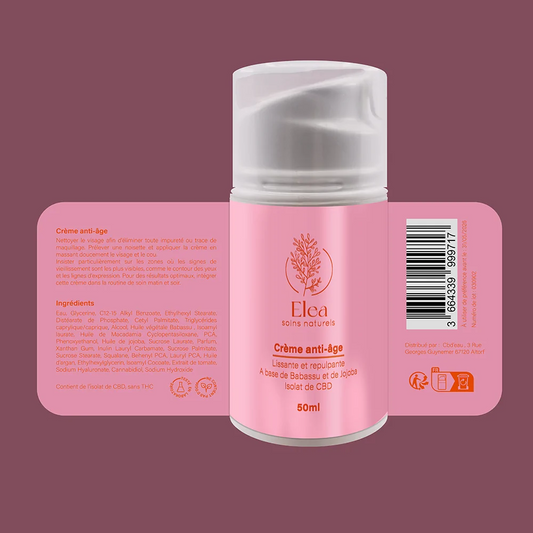 Crème anti-âge au CBD ELEA en flacon rose avec bouchon argent, 50 ml