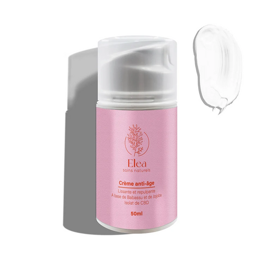 Crème anti-âge au CBD ELEA en flacon rose, bouchon argent, avec gouttelette blanche