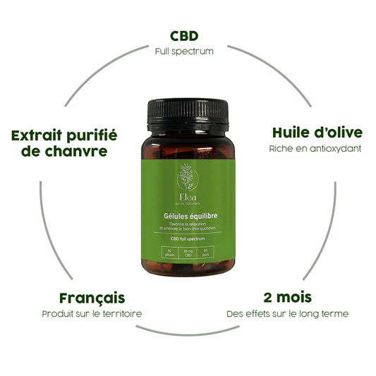Flacon de gélules CBD ELEA, étiquette verte « Gélules équilibre »
