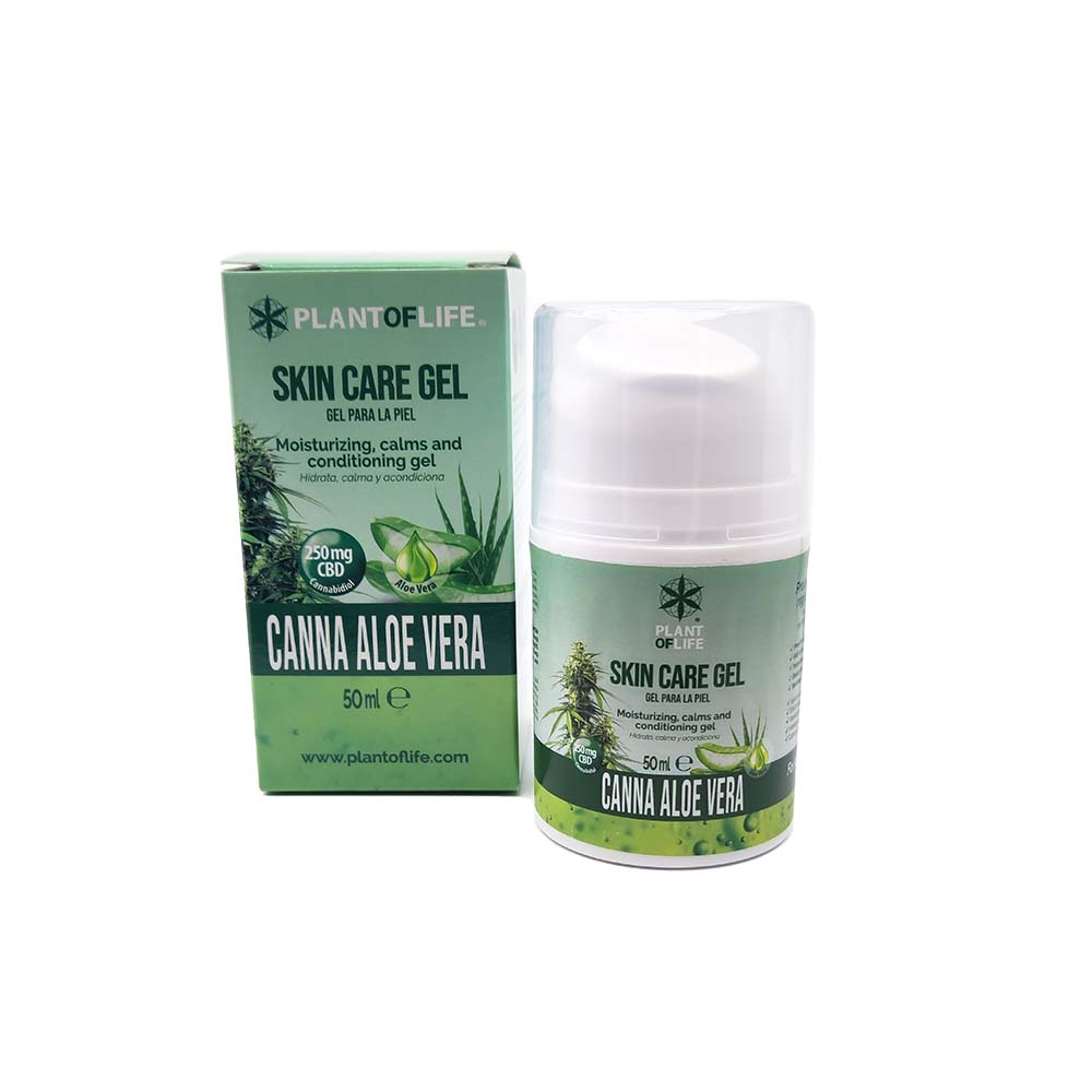 Gel soin peau Aloe Vera CBD, pot vert et boîte PLANT OF LIFE.