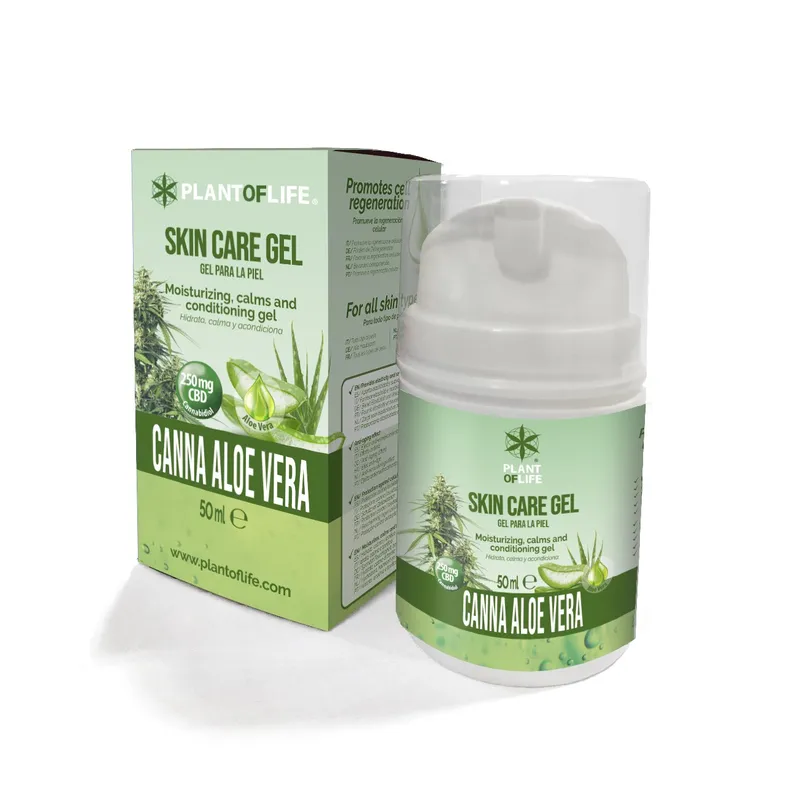 Gel soin peau Aloe Vera CBD, pot blanc avec étiquette verte, PLANT OF LIFE.
