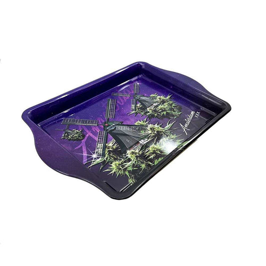 Plateau rectangulaire bleu foncé à bord arrondi, motif de moulins à vent et herbes vertes