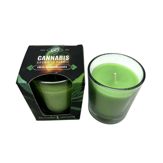 Bougie parfumée en pot de verre vert, mèche blanche, boîte Cannabis MULTITRANCE