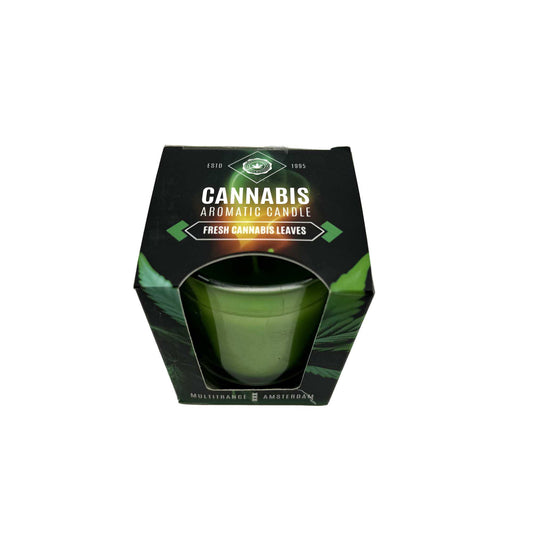 Boîte de bougie Cannabis MULTITRANCE, fenêtre ronde et bougie verte visible