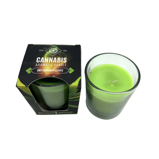 Bougie parfumée en verre vert, avec boîte noire et motif cannabis