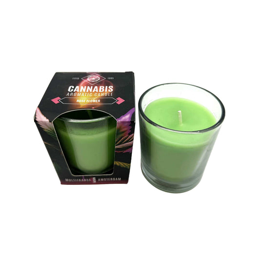 Bougie parfumée en verre vert, mèche au centre, avec étui noir