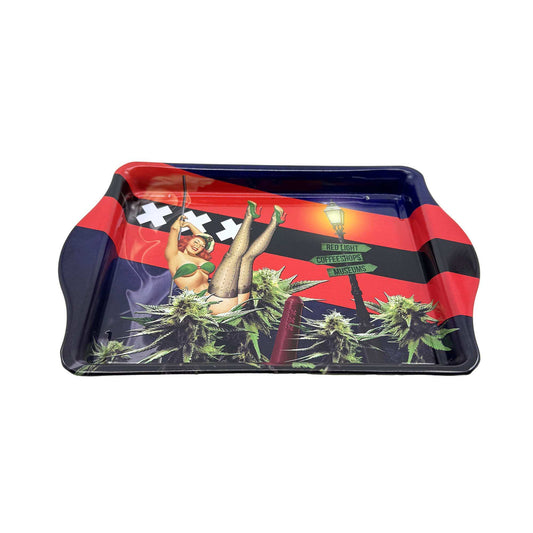 Plateau rectangulaire rouge et bleu foncé, motif cannabis, trophée et personnages