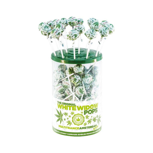 Boîte de sucettes cannabis White Widow, emballages verts à feuilles