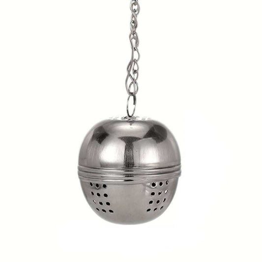 Infuseur à thé boule en acier inoxydable avec chaîne, perforations sur la sphère.