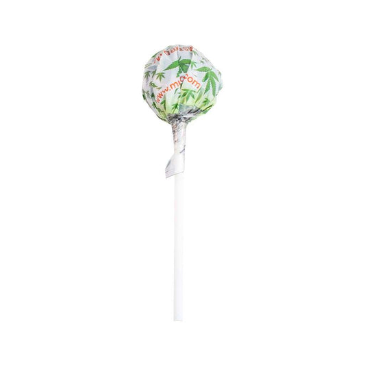 Sucette cannabis White Widow en sachet vert à feuilles, sur bâton blanc