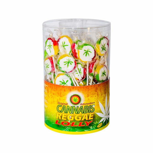 Boîte de sucettes cannabis reggae MULTITRANCE, bonbons multicolores en pot transparent