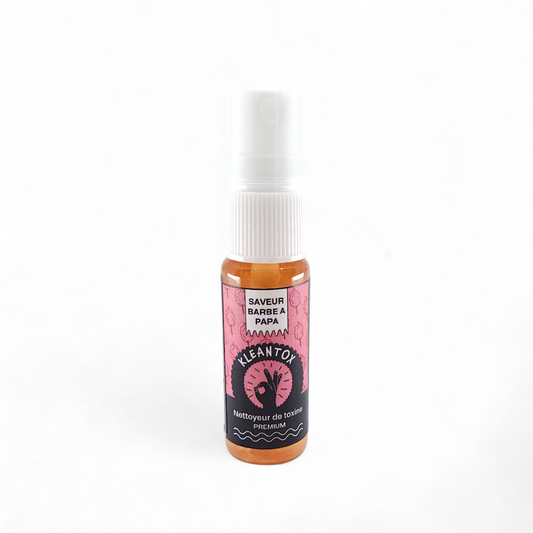 Spray anti-toxines KLEANTOX Barbe à papa, flacon ambré avec pompe spray blanche