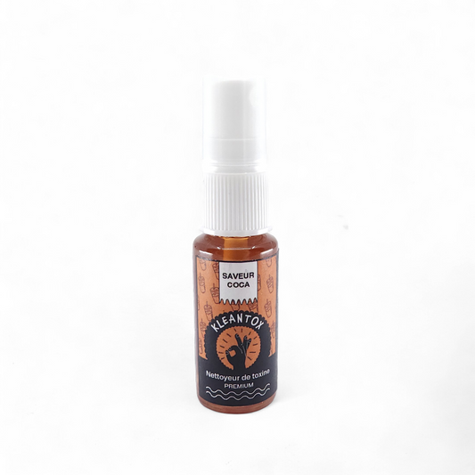 Flacon spray brun KLEANTOX avec capuchon blanc et étiquette Savor Coka