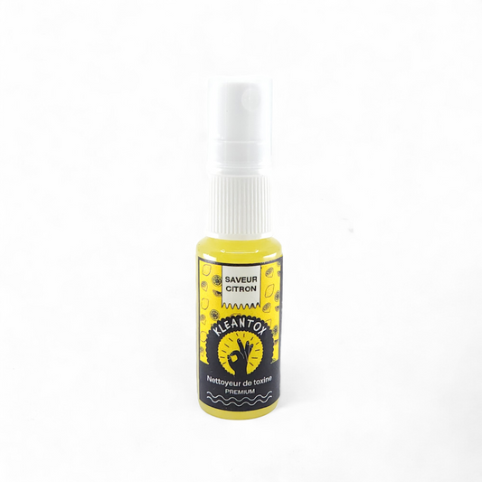 Vaporisateur anti-toxines KLEANTOX Citron, flacon jaune avec tête pulvérisatrice blanche