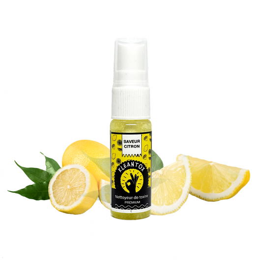 Vaporisateur anti-toxines KLEANTOX Citron et tranches de citron, flacon jaune à pompe
