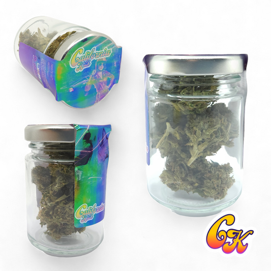 Fleurs de cannabis en pots en verre, étiquettes California, 3 g, aspect résineux