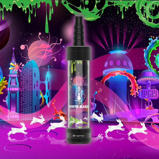 Chicha White Rabbit Fumytech avec tube transparent et base noire, embout noir côtelé.