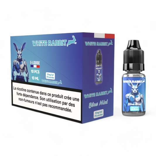 E-liquide White Rabbit Blue Mint 10 ml, flacon avec étiquette bleue et boîte