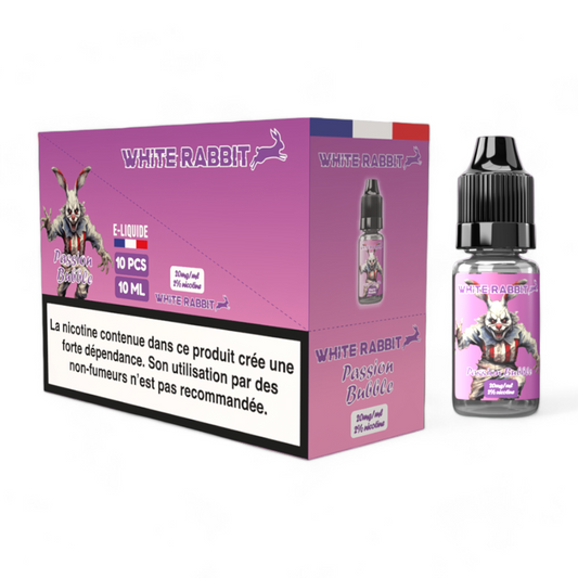 Flacon d’e-liquide White Rabbit Passion Bubble 10 ml, étiquette violette.