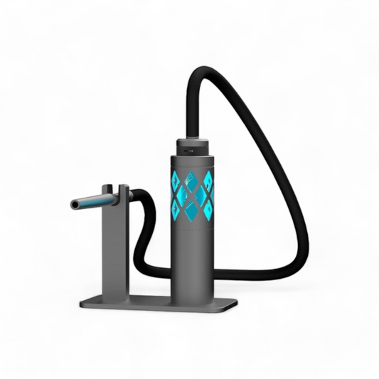 Support e-chicha métal noir avec cylindre losanges bleus et tuyau flexible