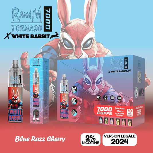 Boîte et stylo vape cylindrique White Rabbit x RandM, motif lapin, saveur Blue Razz Cherry.