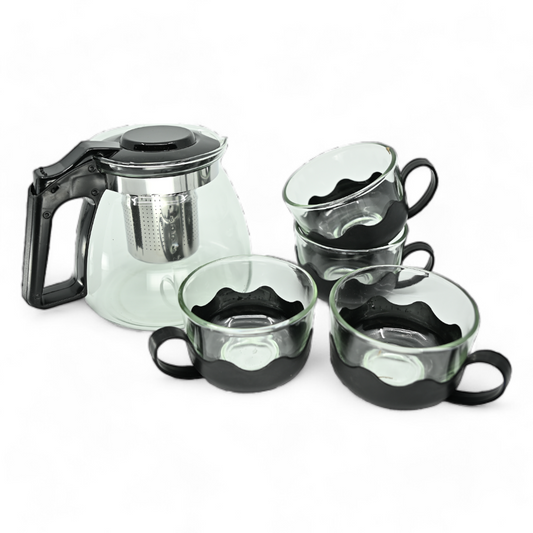 Service à thé en verre et noir : théière avec filtre et 4 tasses assorties