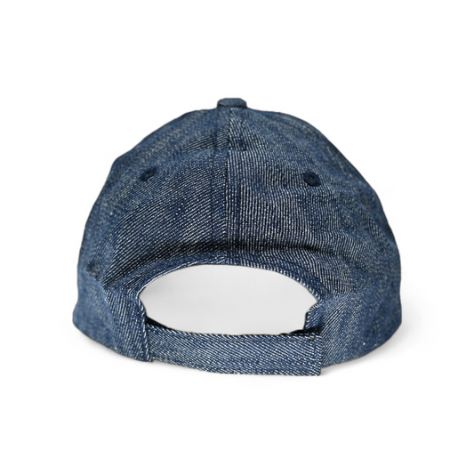 Casquette en chanvre bleu jean, dessus à coutures et petit bouton sur le dessus