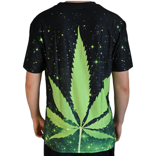 T-shirt noir à motif cannabis vert façon galaxie, vue arrière