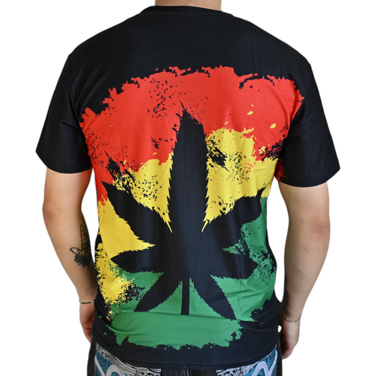 T-shirt noir dos imprimé feuille cannabis rouge jaune vert, effet éclaboussures