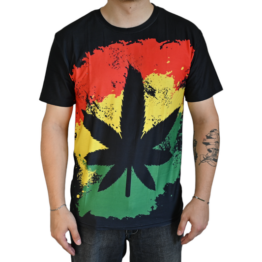 T-shirt noir devant imprimé grande feuille cannabis rouge jaune vert, éclaboussures
