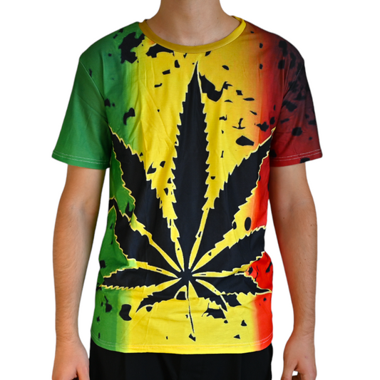 T-shirt multicolore imprimé cannabis style rasta, manches courtes, encolure ronde