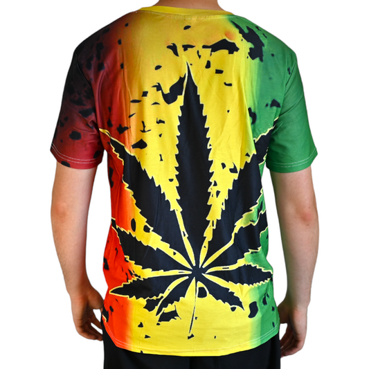 T-shirt multicolore à dos imprimé motif cannabis style rasta, manches courtes