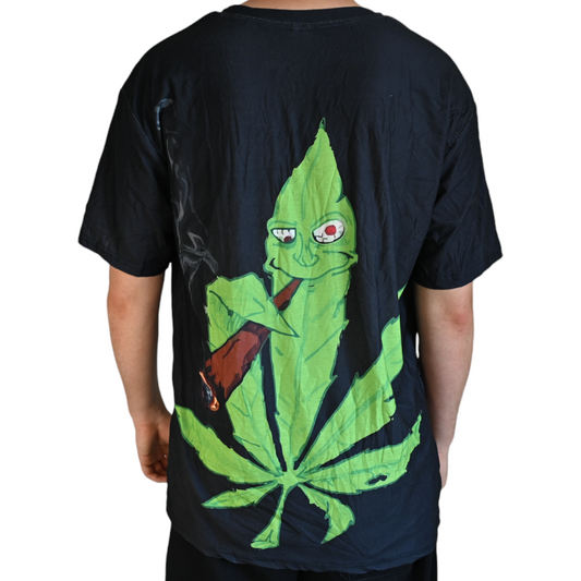 T-shirt noir dos avec dessin de feuille de cannabis verte style cartoon