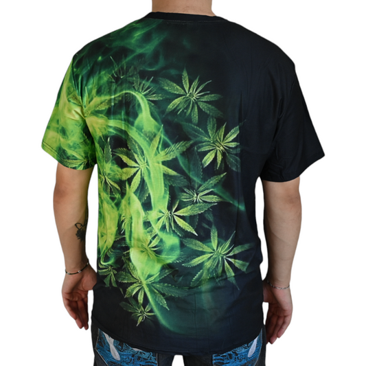 T-shirt noir et vert avec motif de feuilles de cannabis au dos