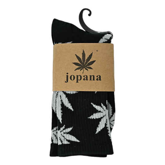 Chaussettes hautes noires motif feuilles de cannabis blanches, étiquette jopana
