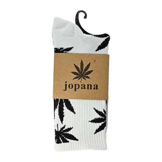 Chaussettes blanches motif feuilles de cannabis noires, étiquette jopana